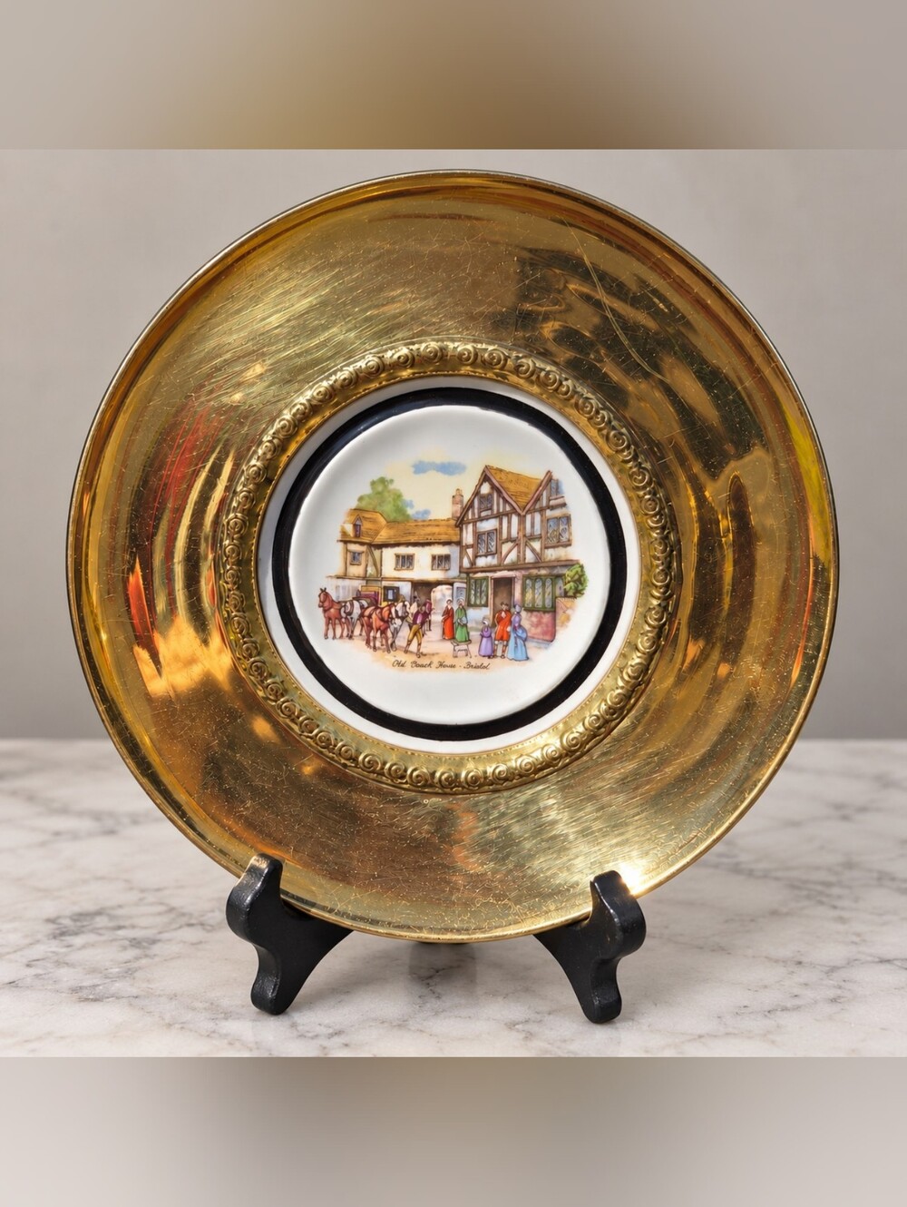 Vintage Regency Bone China Brass Wall Plate Old Coach House Bristol England 10"